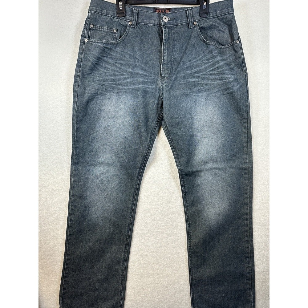 Rock N Run Classic Jeans Slim Straight Mens Size 38 x 34 Blue Distressed